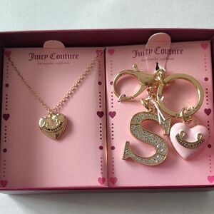 Juicy Couture Gold Heart Necklace with Pink & Crystal 'S' Keychain